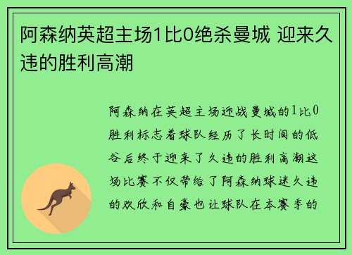阿森纳英超主场1比0绝杀曼城 迎来久违的胜利高潮 阿森纳英超主场1比0绝杀曼城 迎来久违的胜利高潮